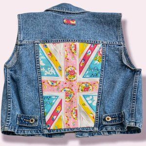 Patchwork Denim Vest with Mix Print Applique
